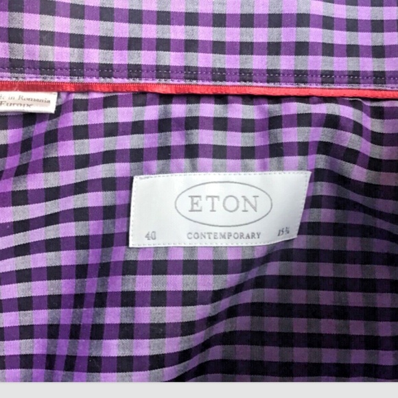ETON contemporary purple checkered cotton shirt Sz 15 3/4 -40 cm made in Europe - Picture 10 of 12